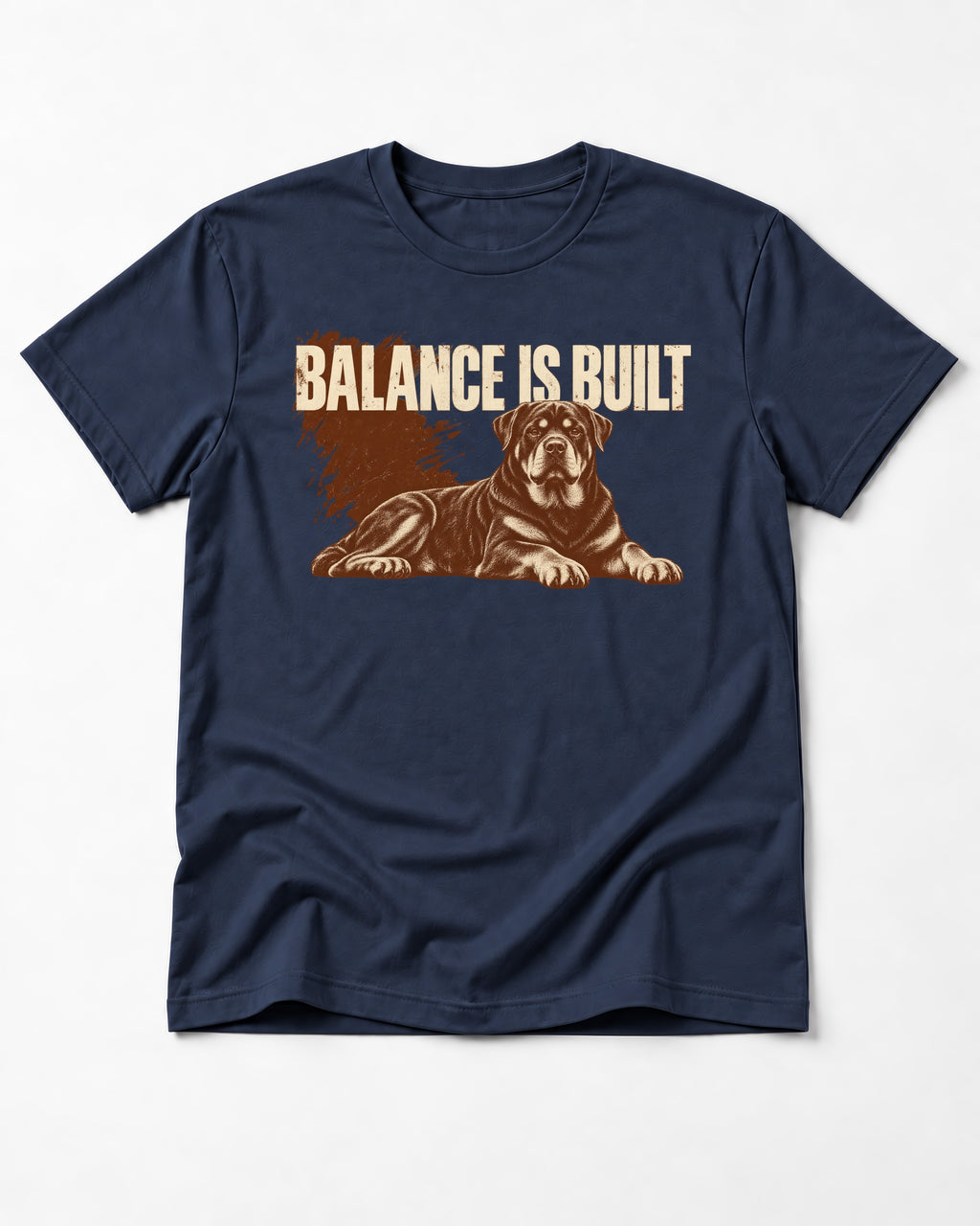 Rottweiler Balance Is Built Resting Strength Graphic T-Shirt in Navy, flat lay product photo