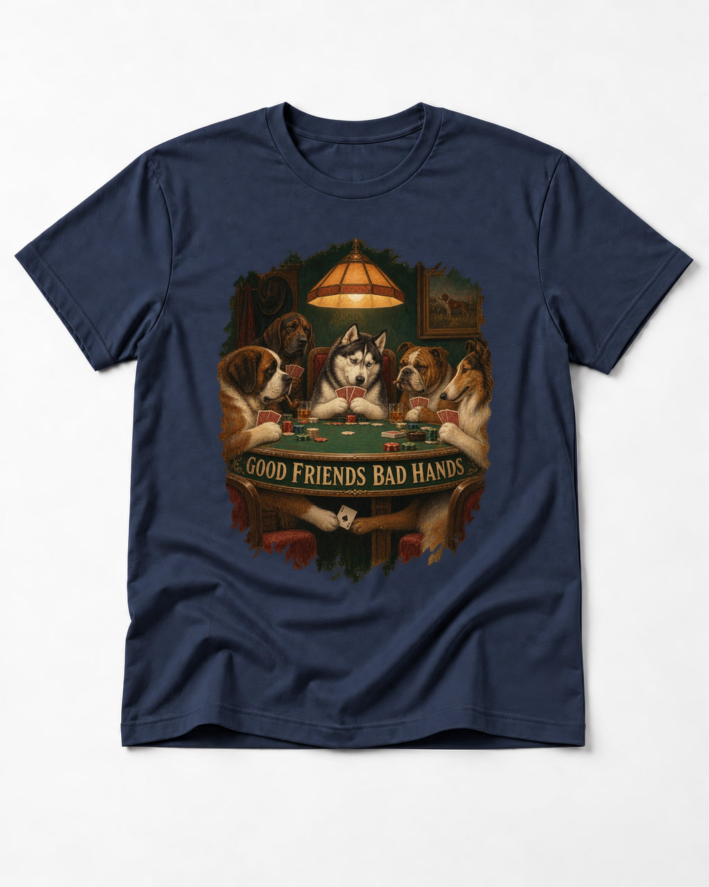 Husky Good Friends Bad Hands Poker Night Graphic T-Shirt in Navy, flat lay product photo