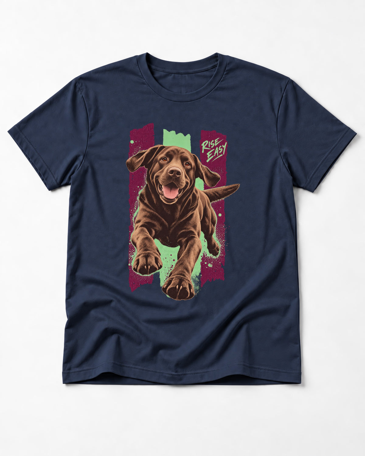 Labrador Retriever Rise Easy Running Chocolate Lab Graphic T-Shirt in Navy, flat lay product photo