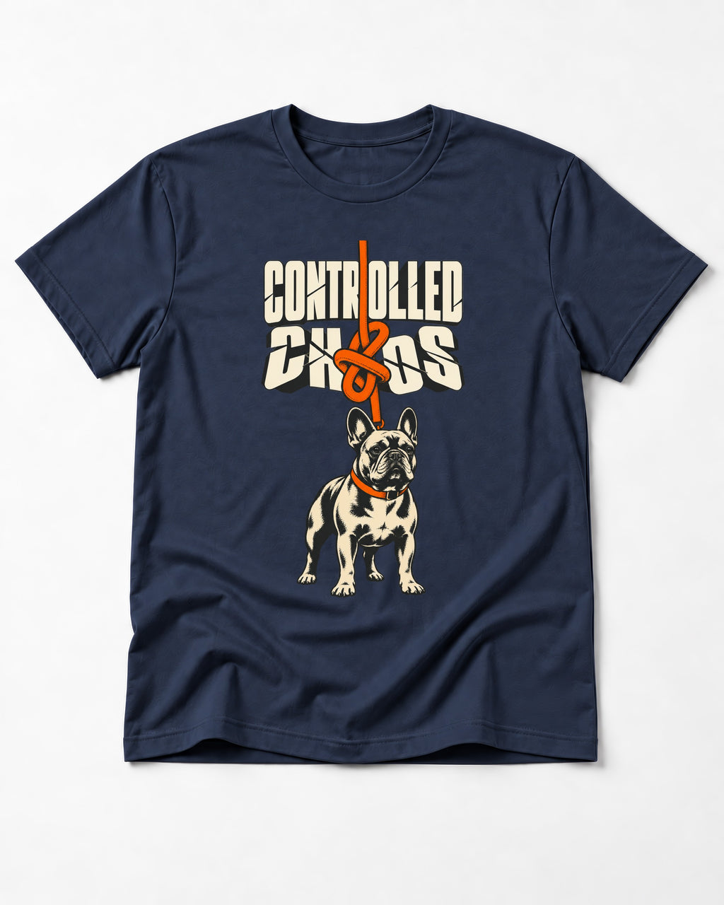 Frenchie Controlled Chaos Leash Knot Graphic T-Shirt in Navy, flat lay product photo