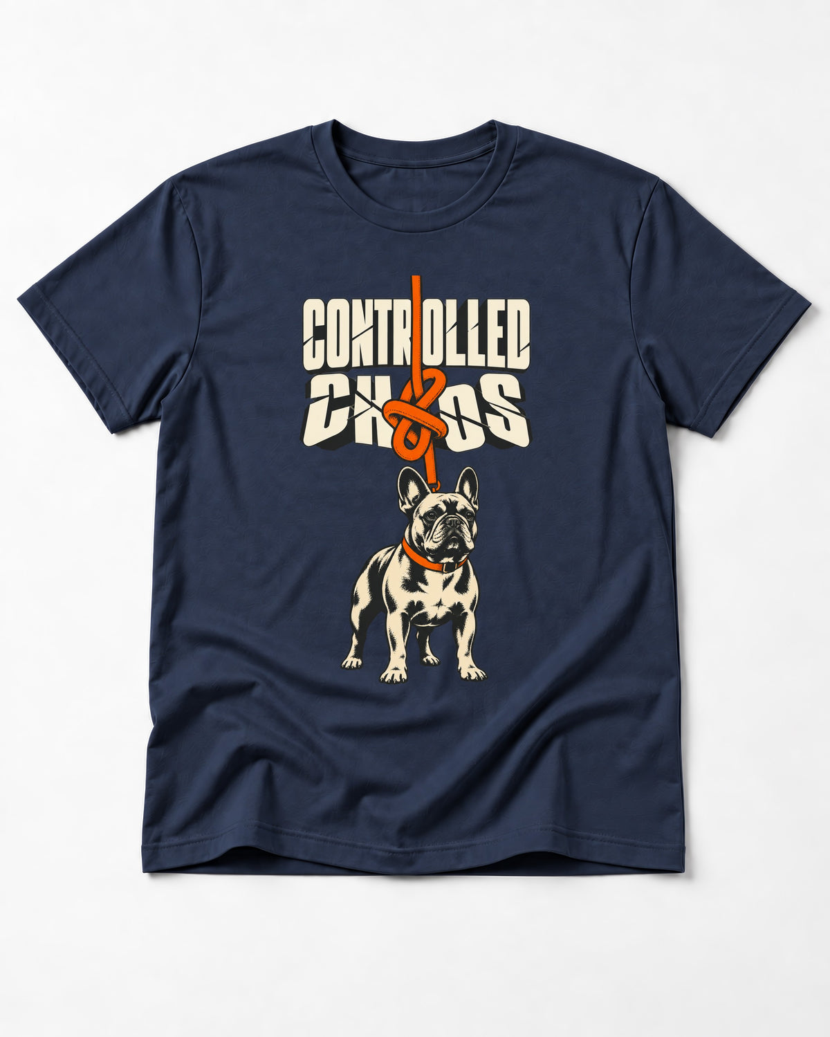 Frenchie Controlled Chaos Leash Knot Graphic T-Shirt in Navy, flat lay product photo