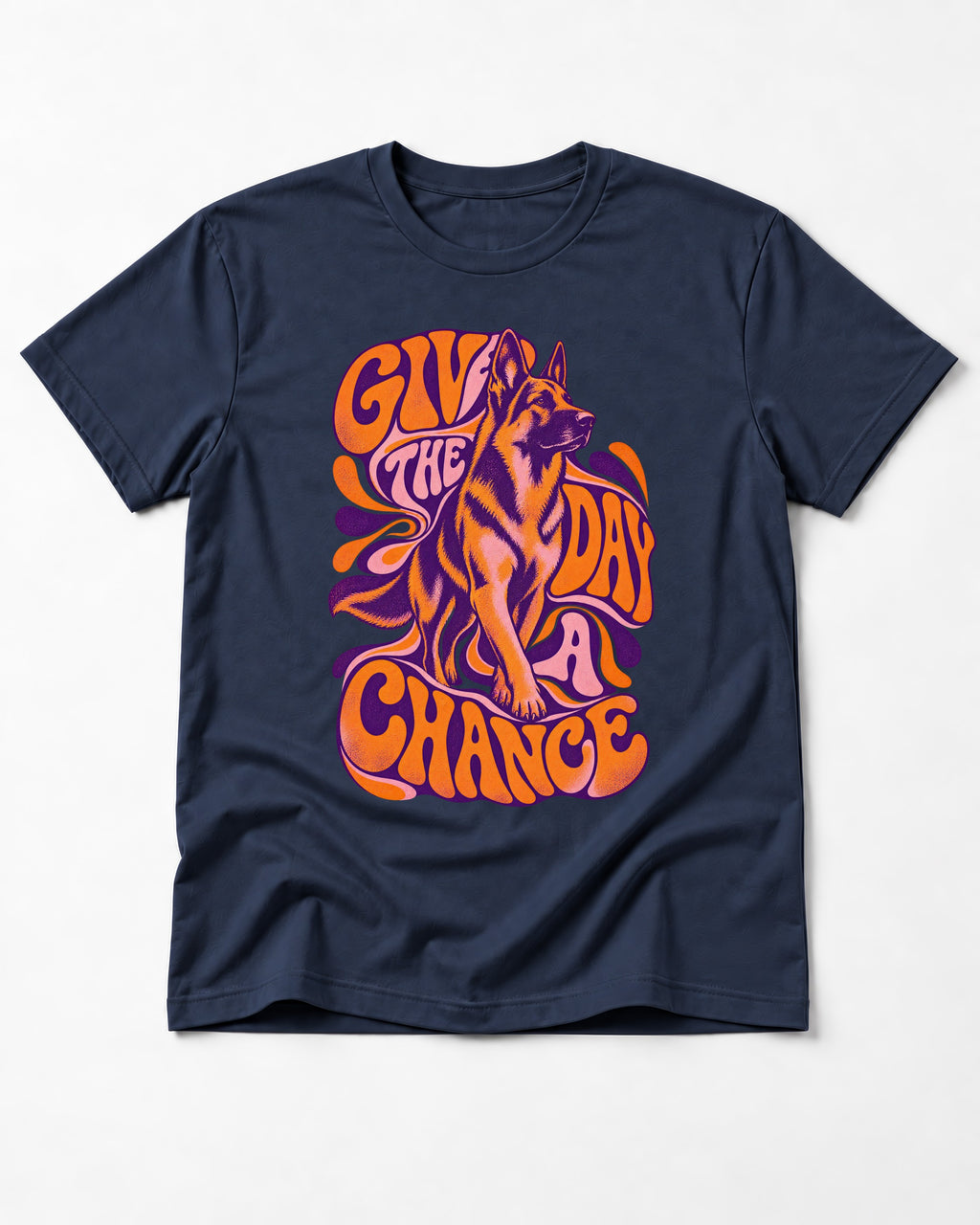 Give The Day A Chance Psychedelic German Shepherd Dog Graphic T-Shirt in Navy, flat lay product photo