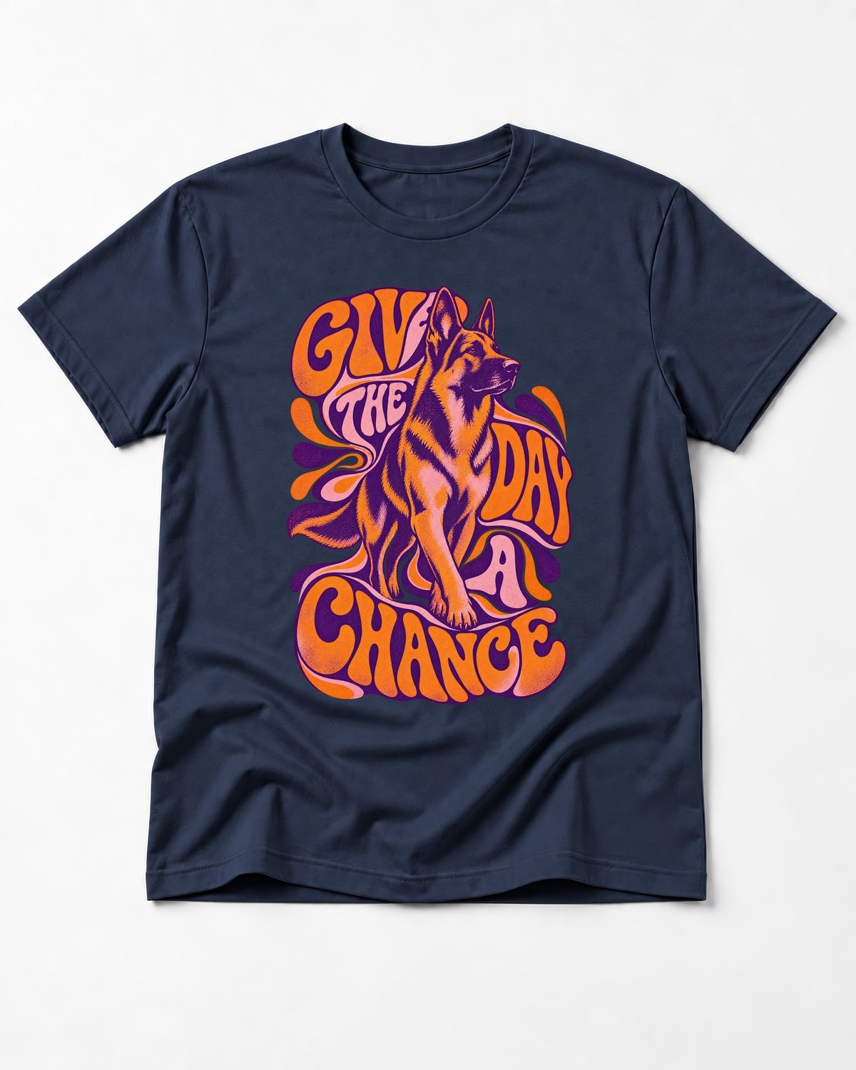 Give The Day A Chance Psychedelic German Shepherd Dog Graphic T-Shirt in Navy, flat lay product photo