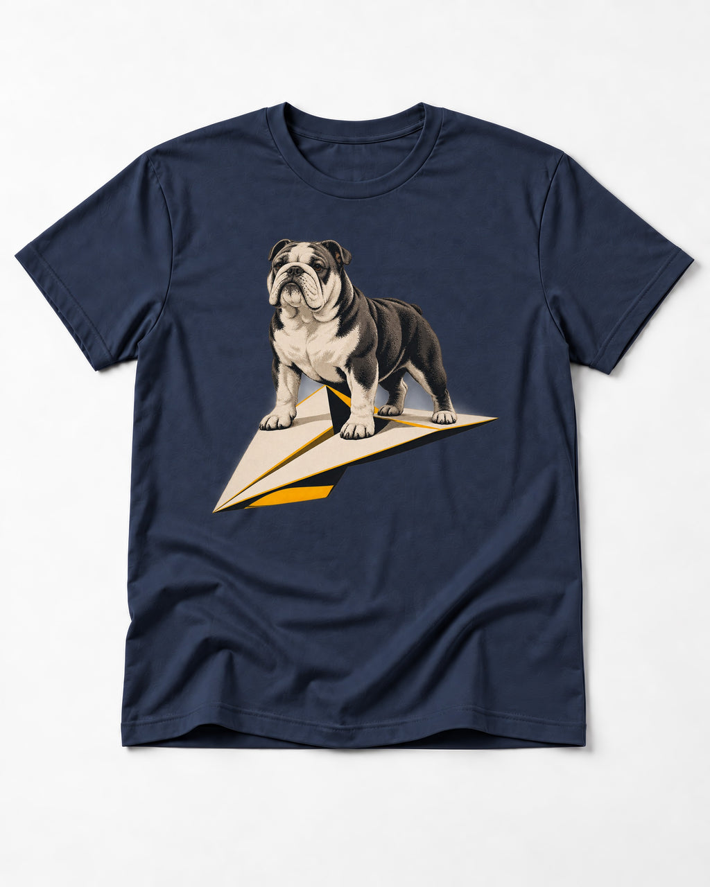 English Bulldog Paper Airplane Graphic T-Shirt in Navy, flat lay product photo