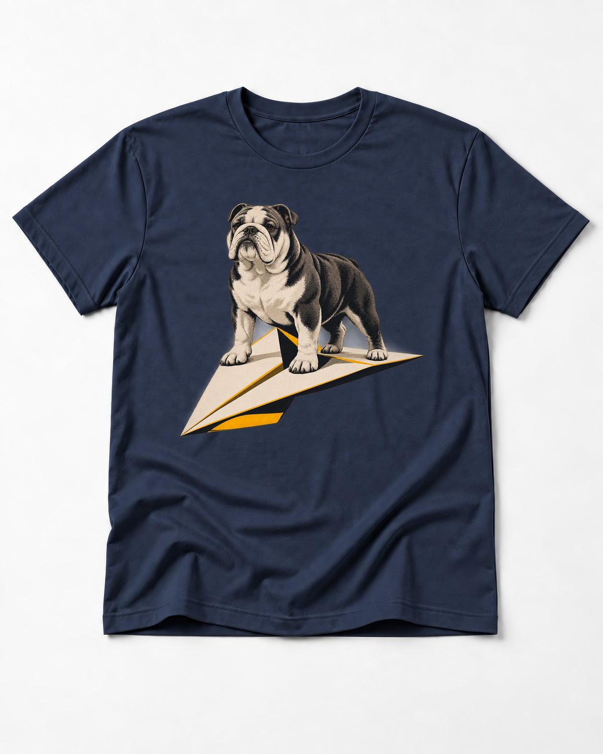English Bulldog Paper Airplane Graphic T-Shirt in Navy, flat lay product photo