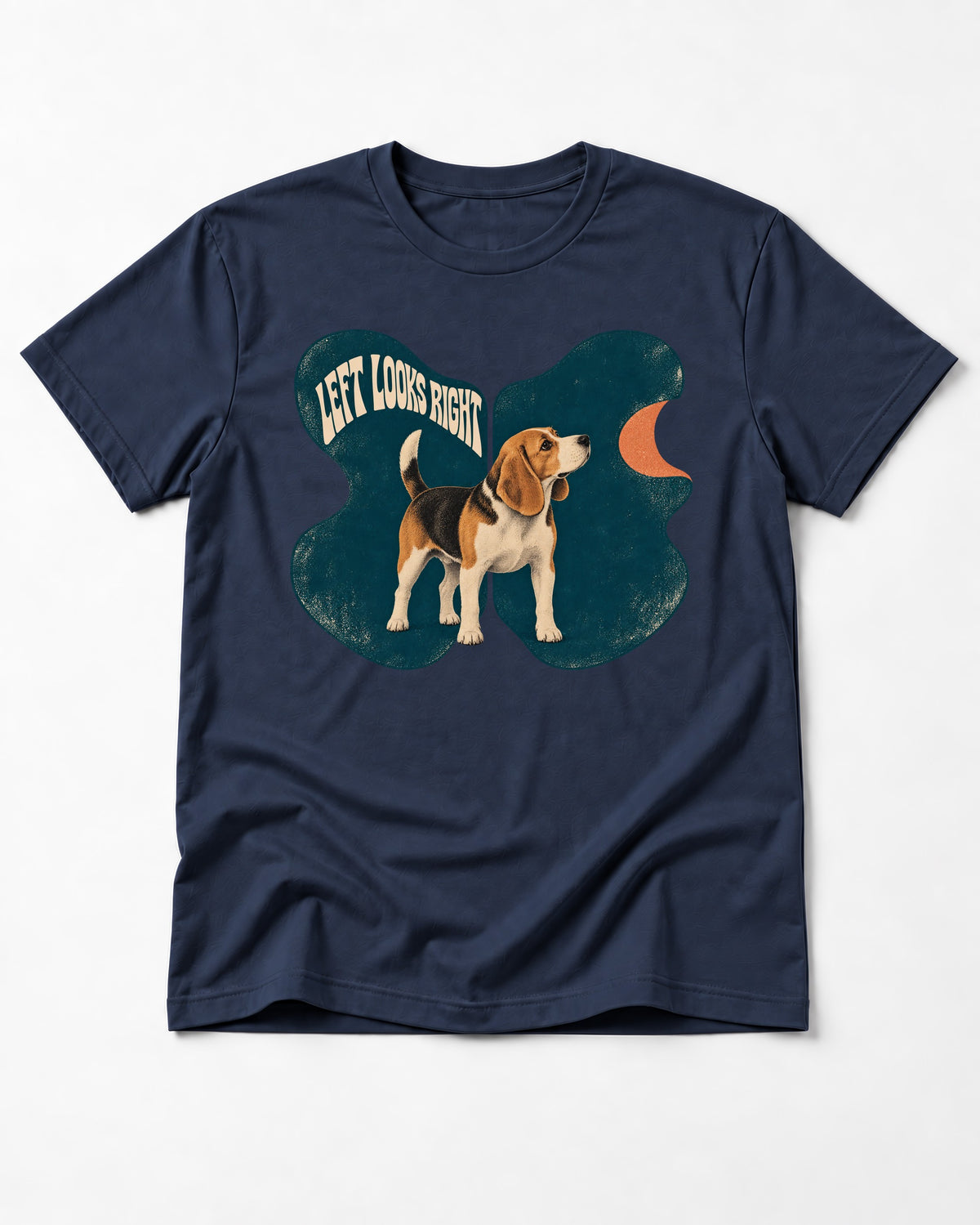 Left Looks Right Beagle Abstract Shapes T-Shirt in Navy, flat lay product photo