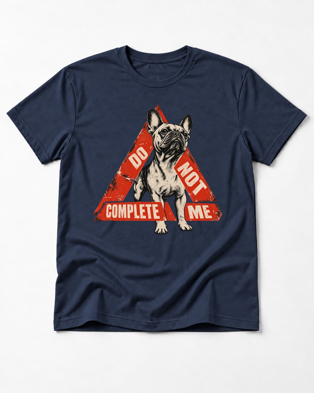 Frenchie Do Not Complete Me Warning Triangle Graphic T-Shirt in Navy, flat lay product photo