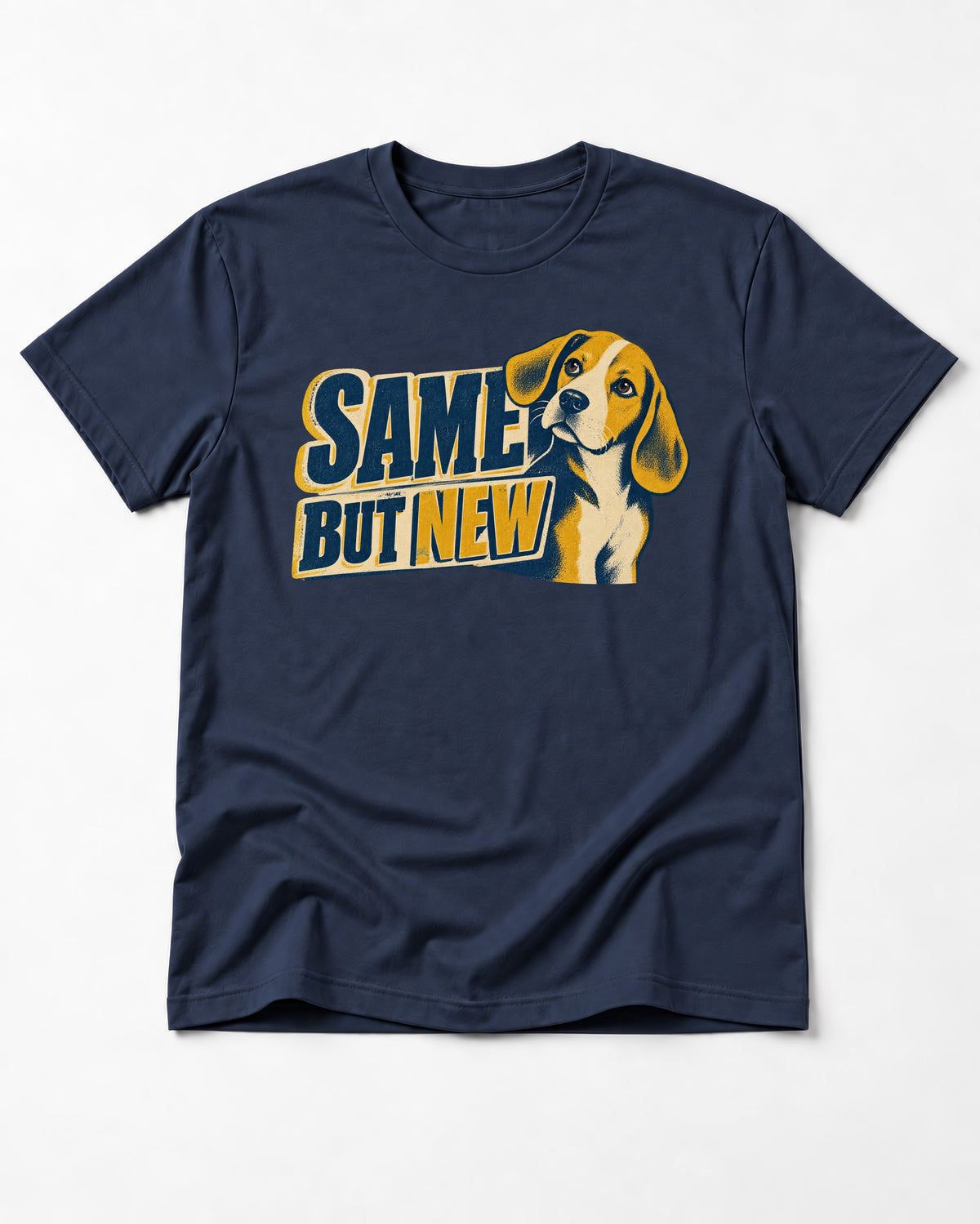 Same Beagle But New T-Shirt in Navy, flat lay product photo