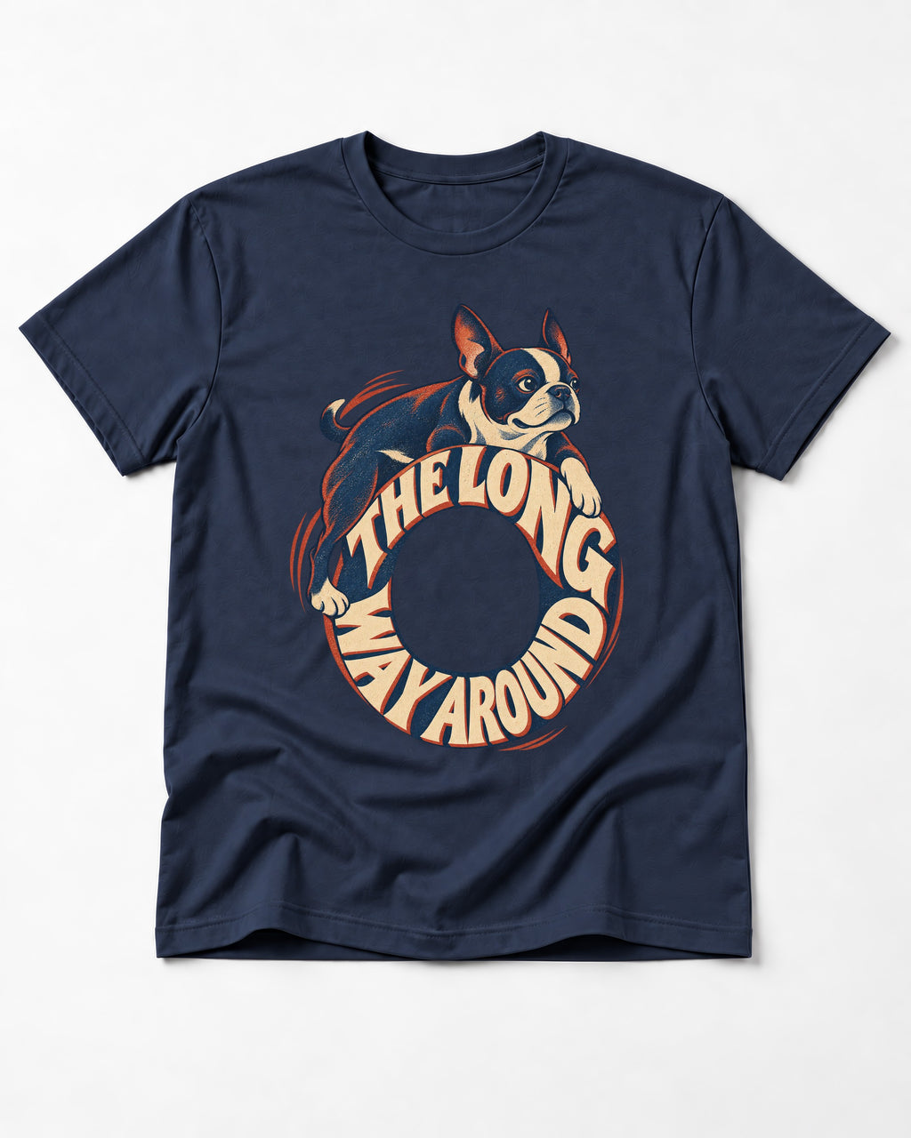 Boston Terrier the Long Way Around T-Shirt in Navy, flat lay product photo