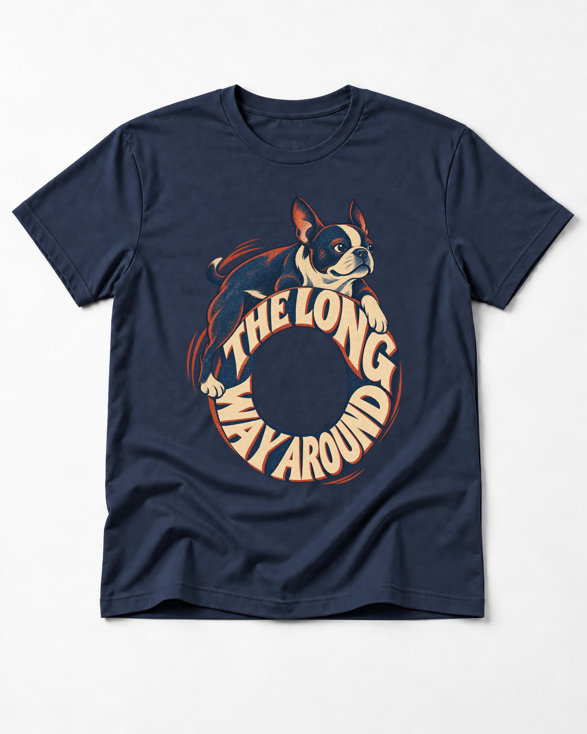 Boston Terrier the Long Way Around T-Shirt in Navy, flat lay product photo