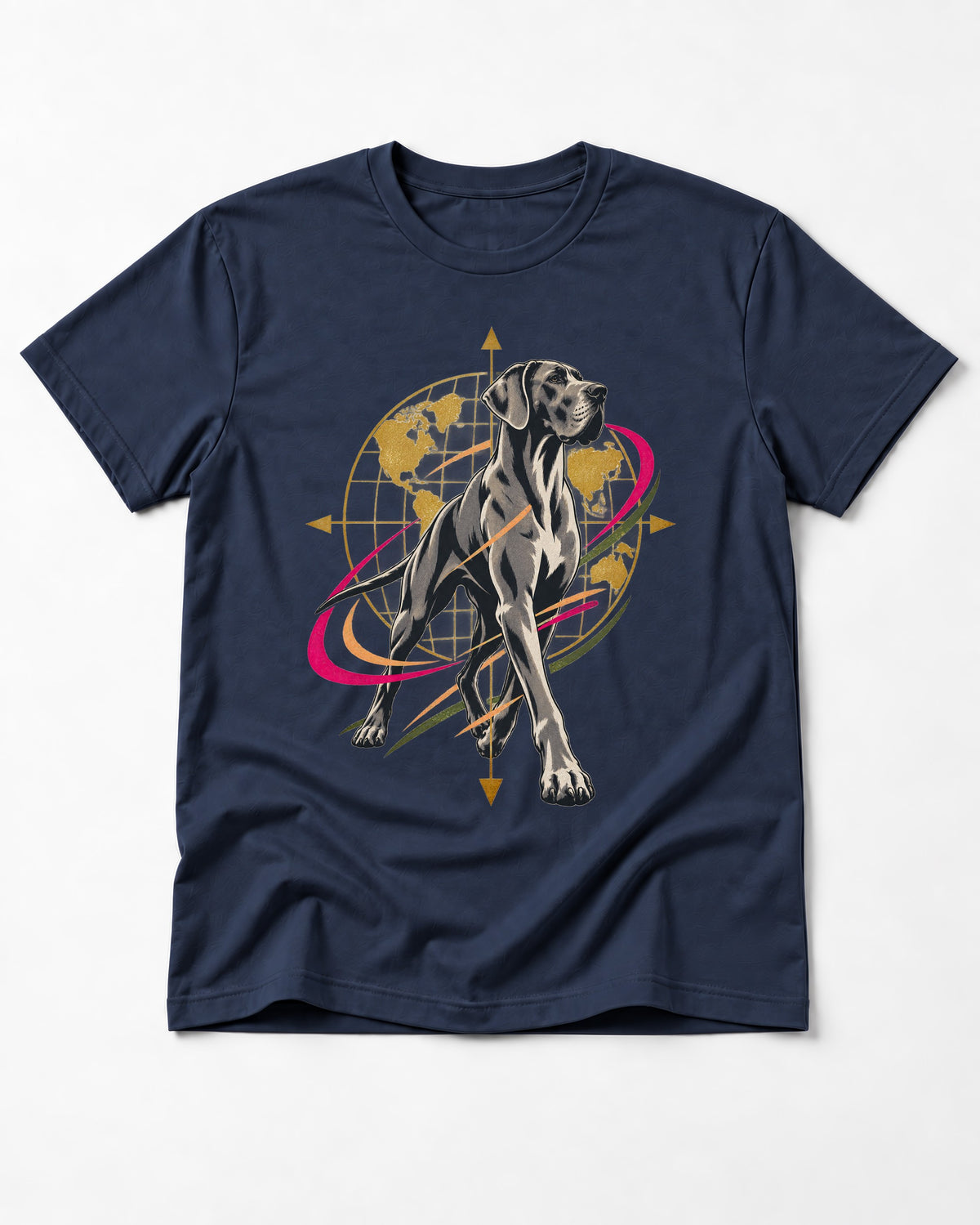 Great Dane Striding Globe Orbit Graphic T-Shirt in Navy, flat lay product photo