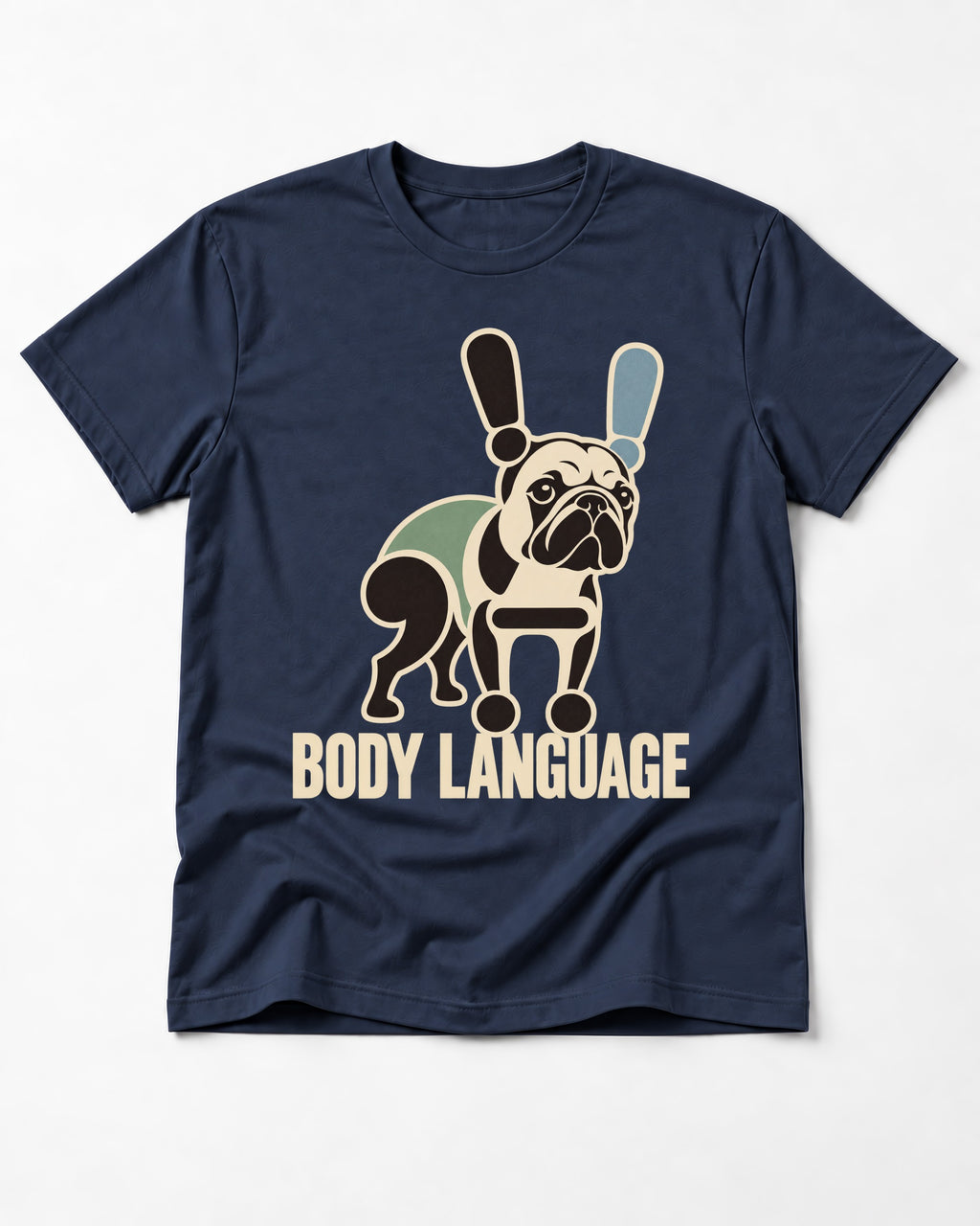 Frenchie Body Language Punctuation Graphic T-Shirt in Navy, flat lay product photo