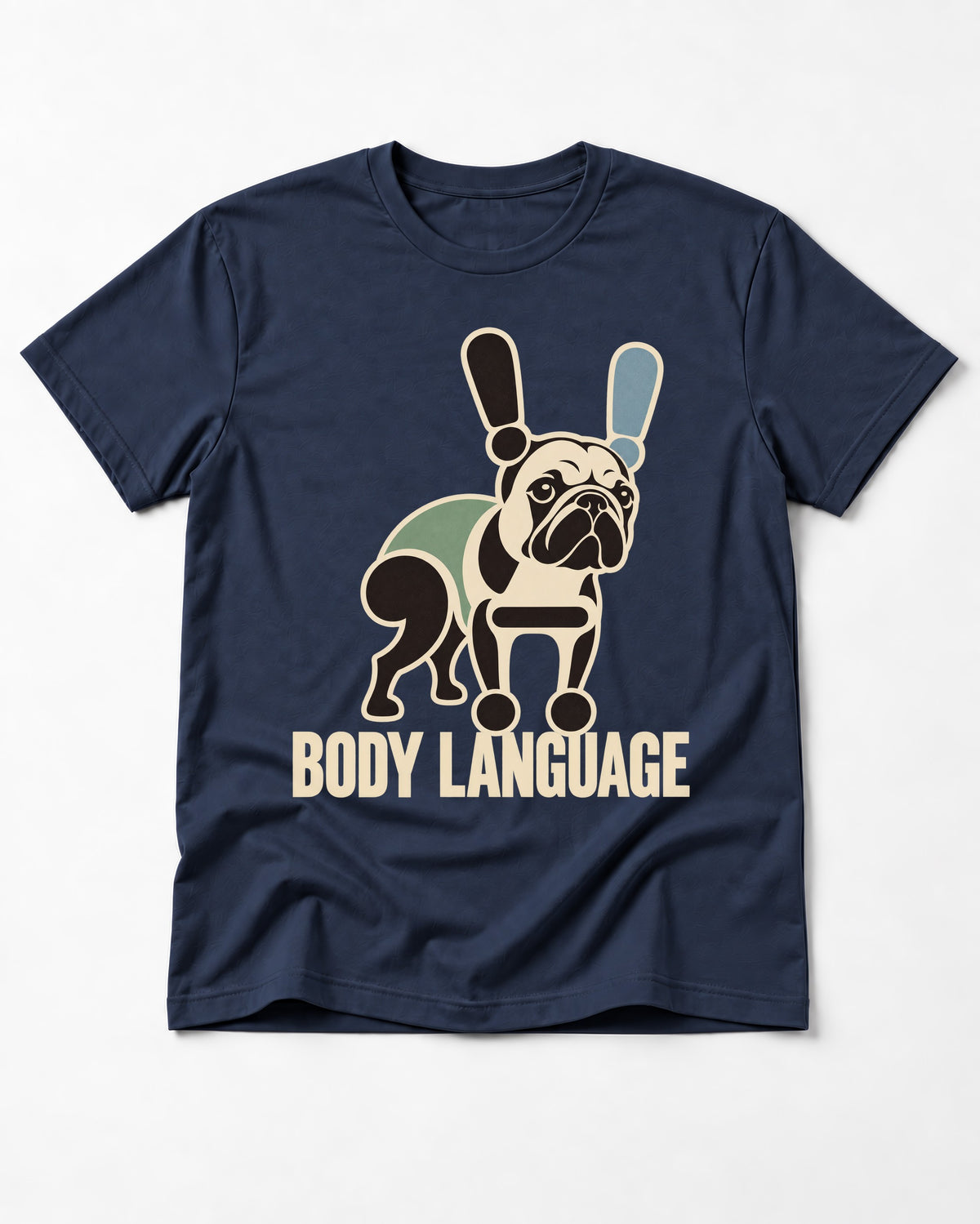 Frenchie Body Language Punctuation Graphic T-Shirt in Navy, flat lay product photo