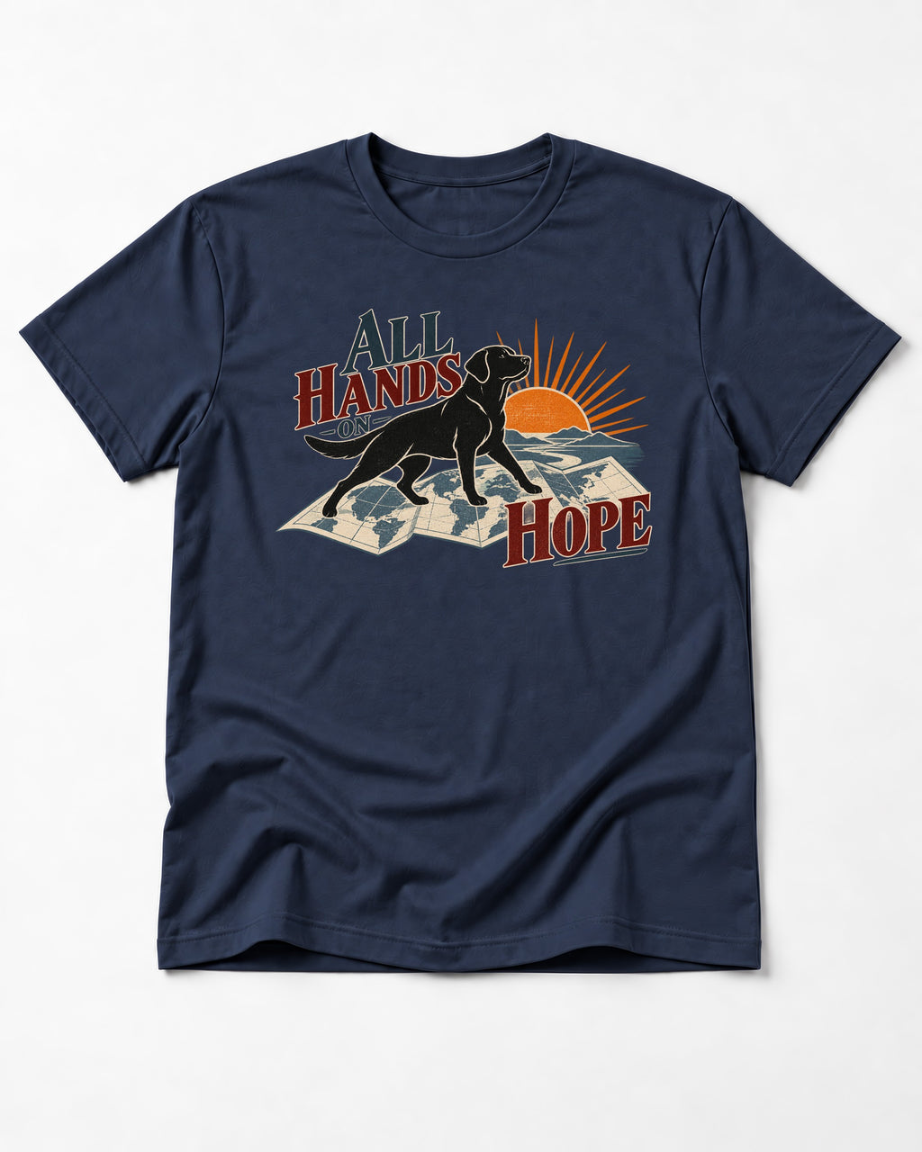 Labrador Retriever All Hands on Hope Map Sunrise Graphic T-Shirt in Navy, flat lay product photo