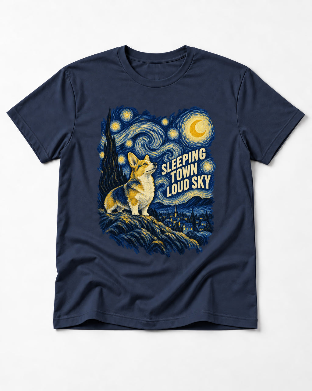 Corgi Sleeping Town Loud Sky Starry Night T-Shirt in Navy, flat lay product photo