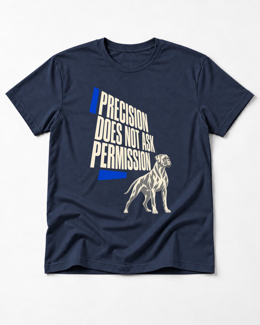 Precision Does Not Ask Permission Boxer T-Shirt in Navy, flat lay product photo
