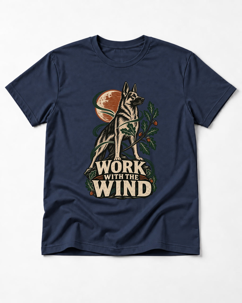 Work With The Wind Botanical Woodcut German Shepherd Dog Graphic T-Shirt in Navy, flat lay product photo