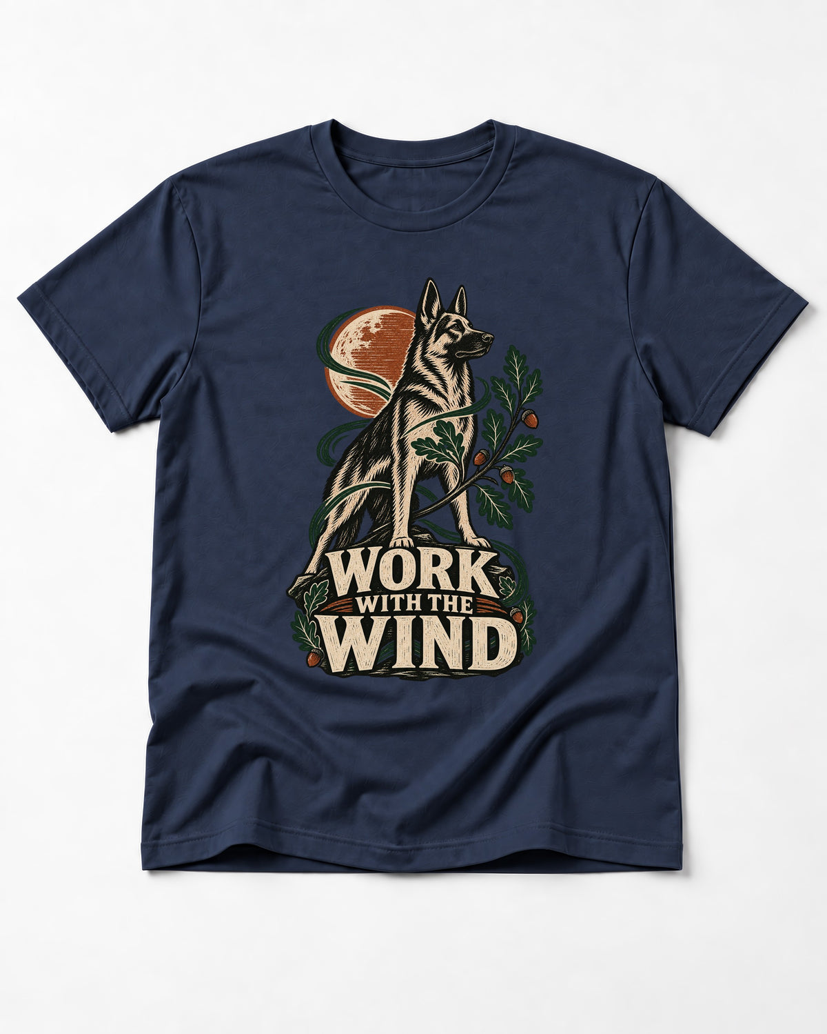 Work With The Wind Botanical Woodcut German Shepherd Dog Graphic T-Shirt in Navy, flat lay product photo