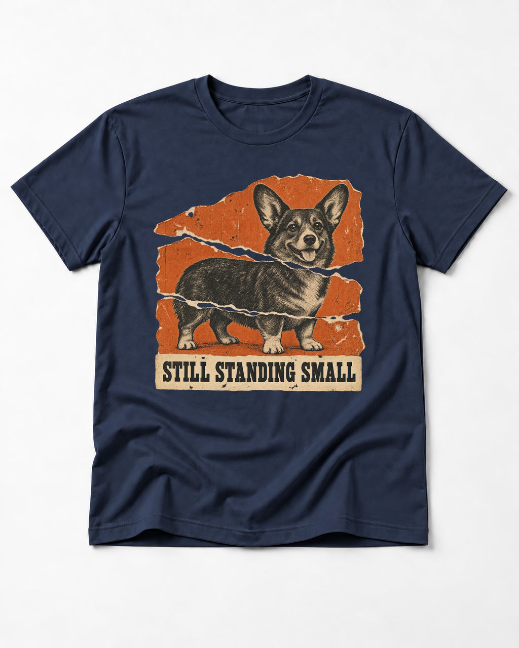 Corgi Still Standing Small Torn Poster T-Shirt in Navy, flat lay product photo