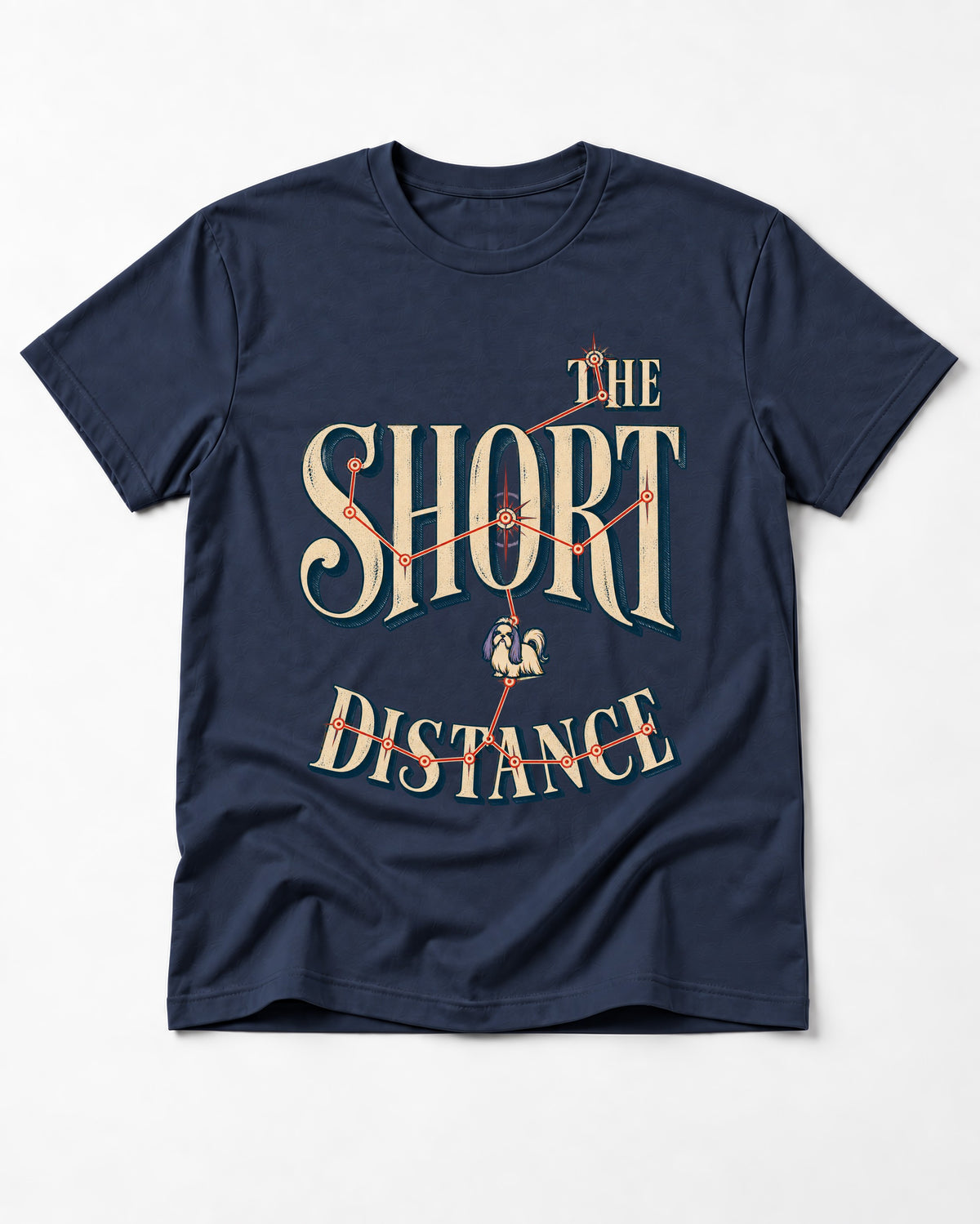 Shih Tzu The Short Distance Route Graphic T-Shirt in Navy, flat lay product photo