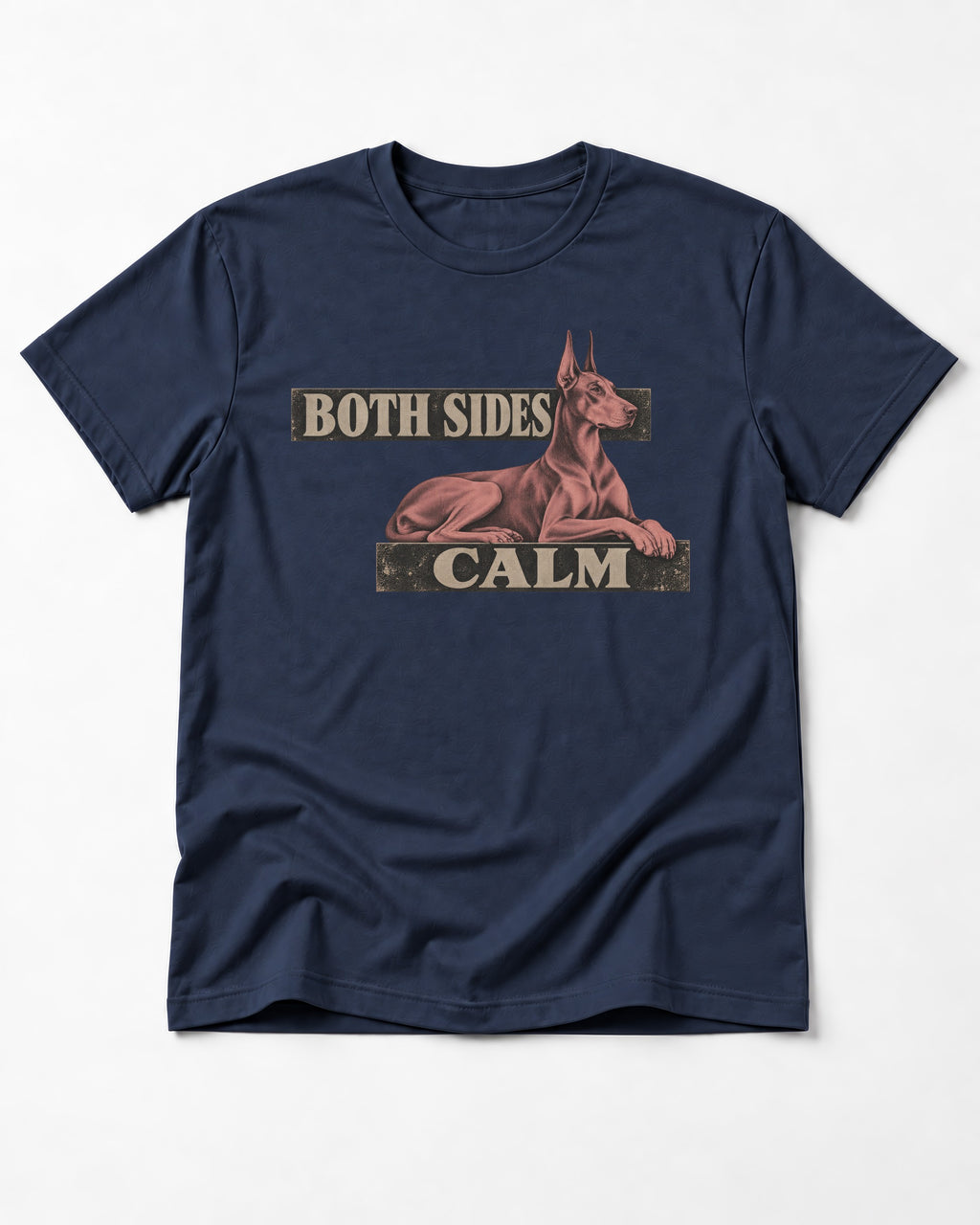 Doberman Both Sides Calm Banner T-Shirt in Navy, flat lay product photo