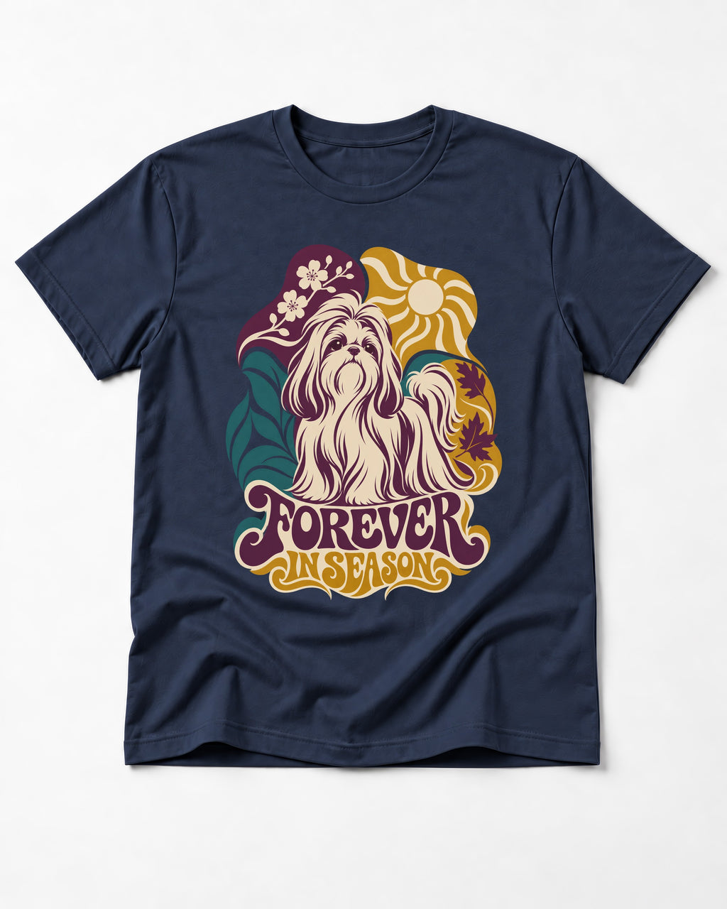 Shih Tzu Forever in Season Botanical Sun Graphic T-Shirt in Navy, flat lay product photo