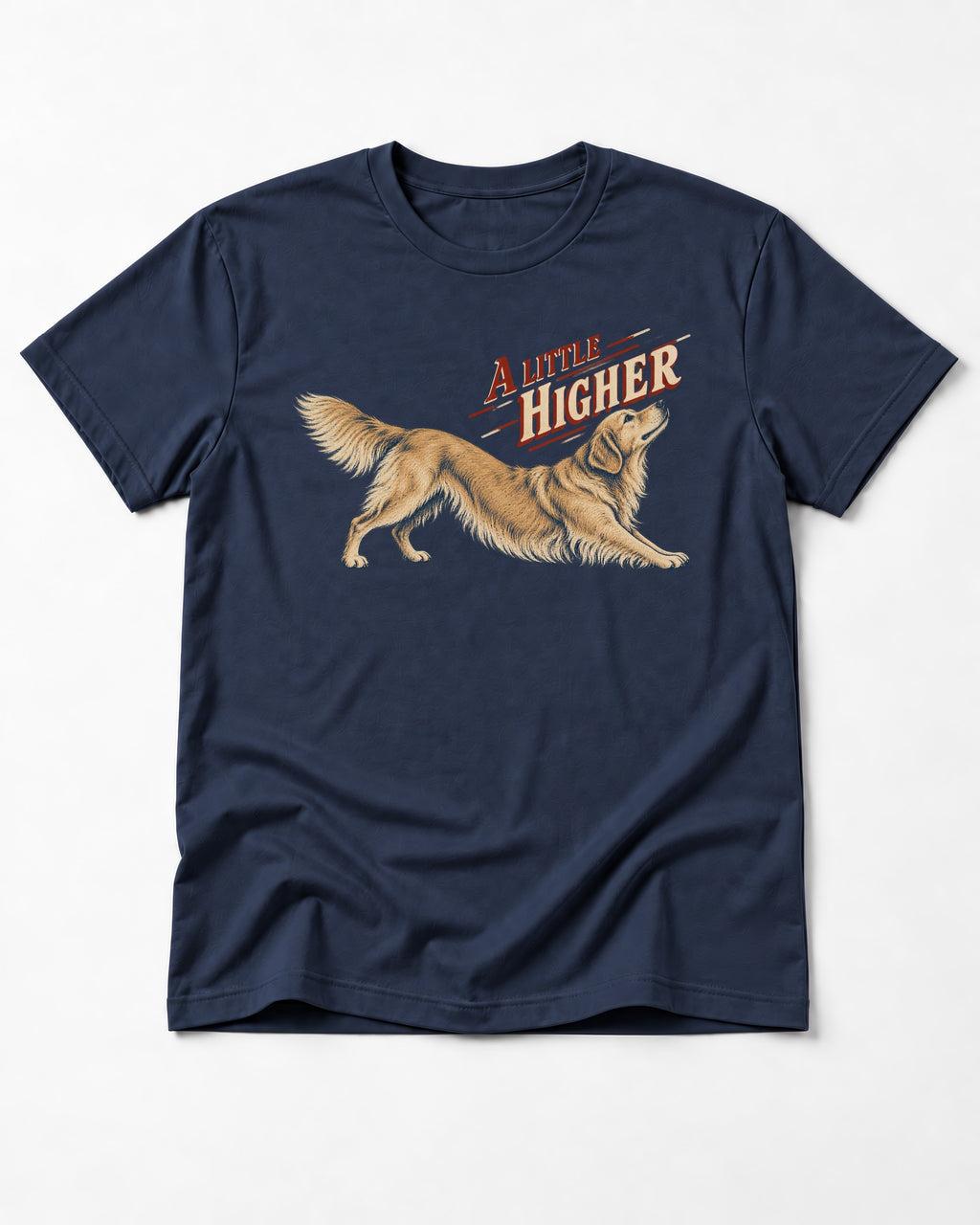 Golden Retriever A Little Higher Play Bow Graphic T-Shirt in Navy, flat lay product photo