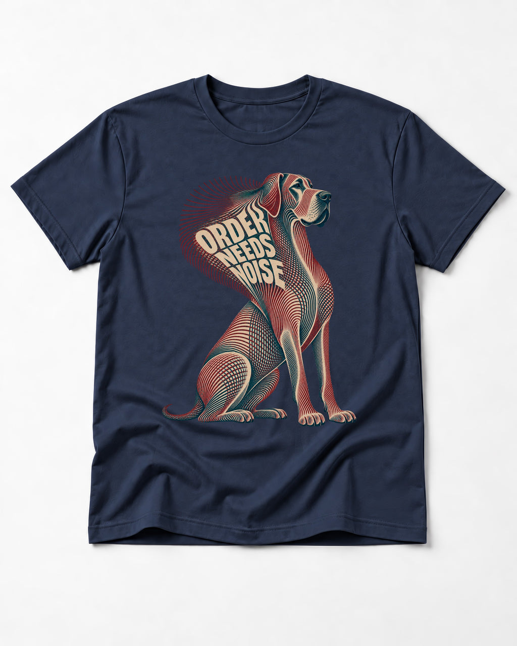 Great Dane Order Needs Noise Optical Line Graphic T-Shirt in Navy, flat lay product photo