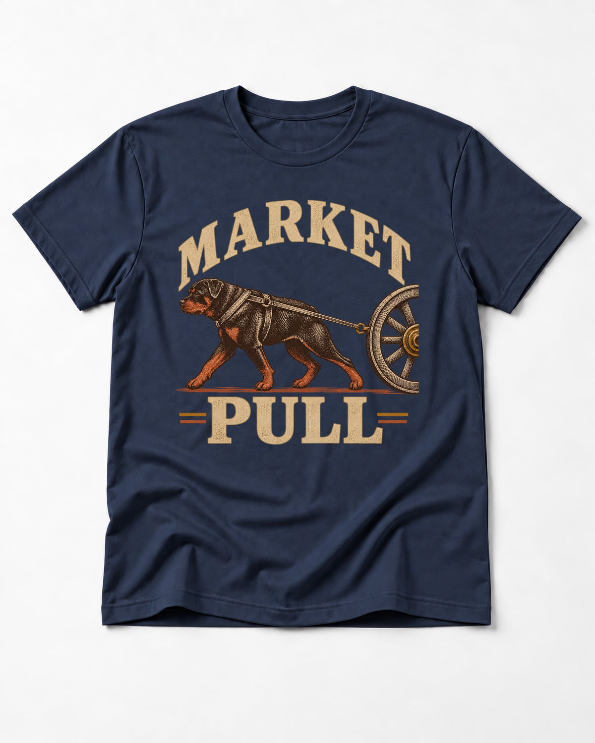 Market Pull Rottweiler Cart Harness Graphic T-Shirt in Navy, flat lay product photo