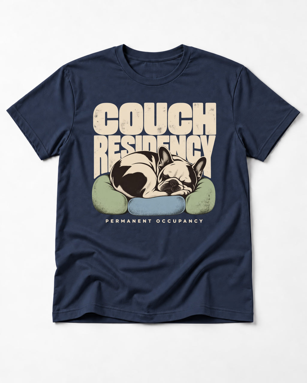 Frenchie Couch Residency Permanent Occupancy Cushion Graphic T-Shirt in Navy, flat lay product photo