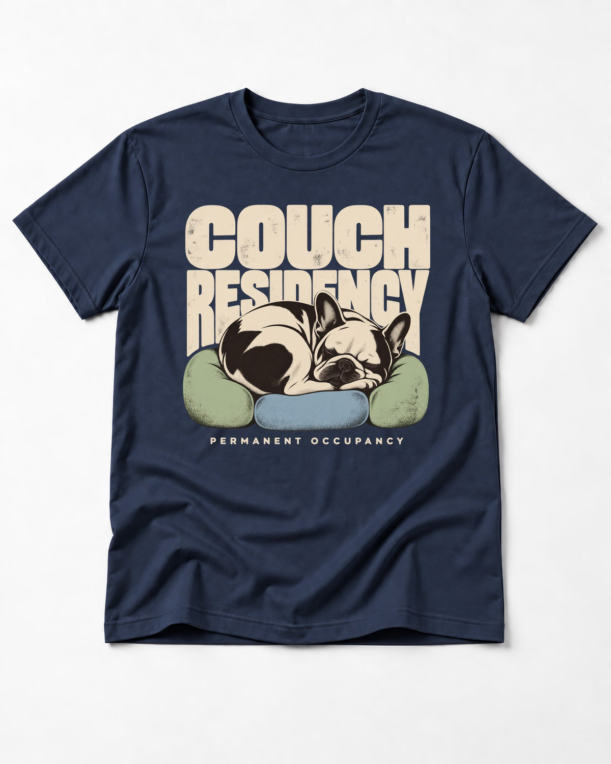 Frenchie Couch Residency Permanent Occupancy Cushion Graphic T-Shirt in Navy, flat lay product photo