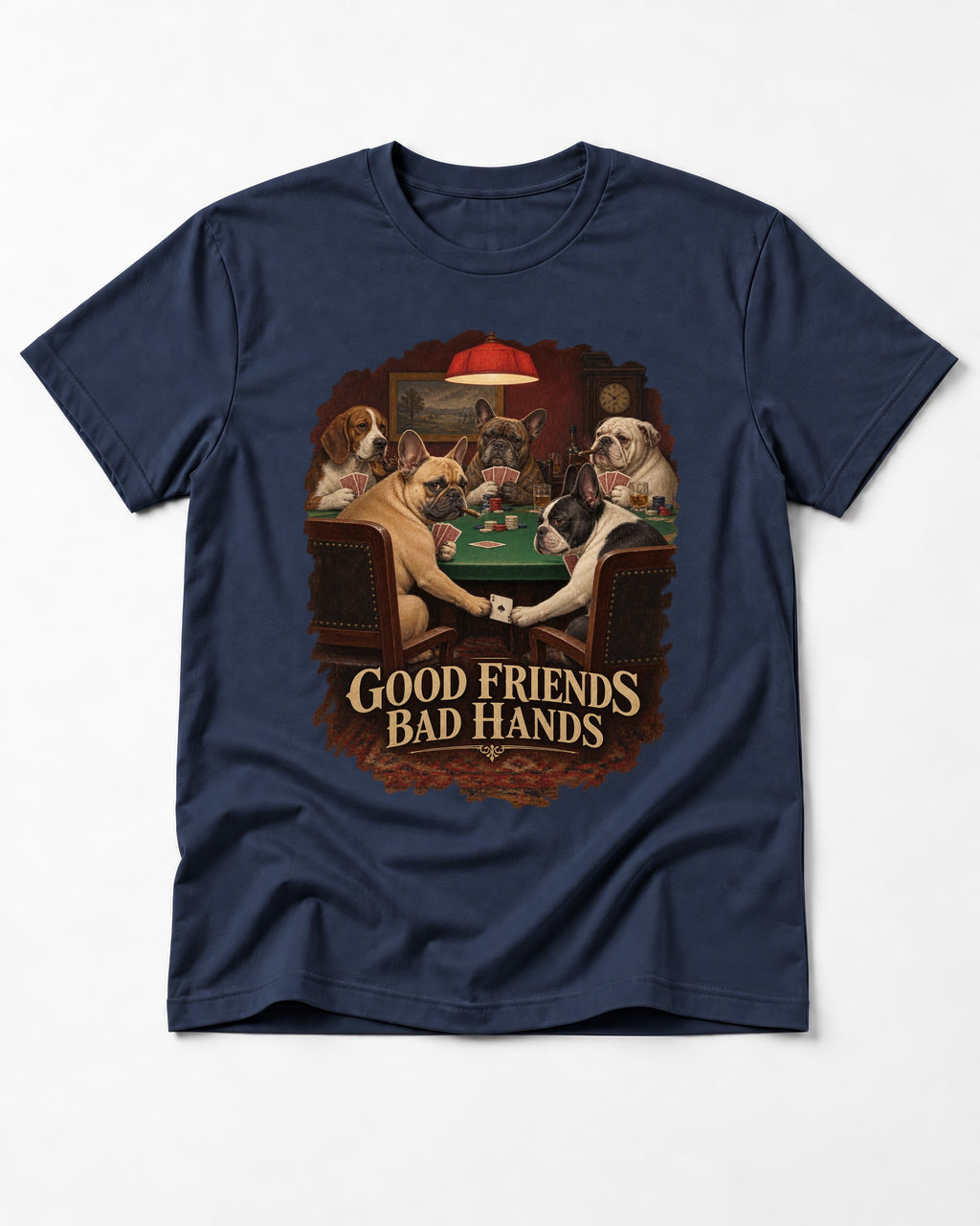 Frenchie Good Friends Bad Hands Poker Graphic T-Shirt in Navy, flat lay product photo