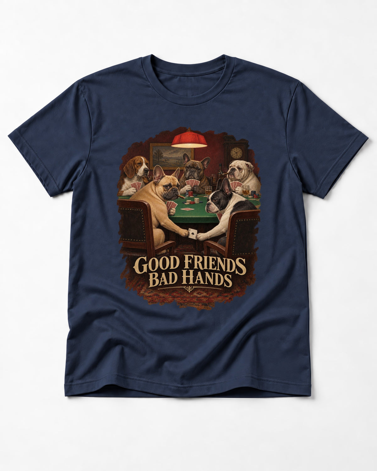 Frenchie Good Friends Bad Hands Poker Graphic T-Shirt in Navy, flat lay product photo