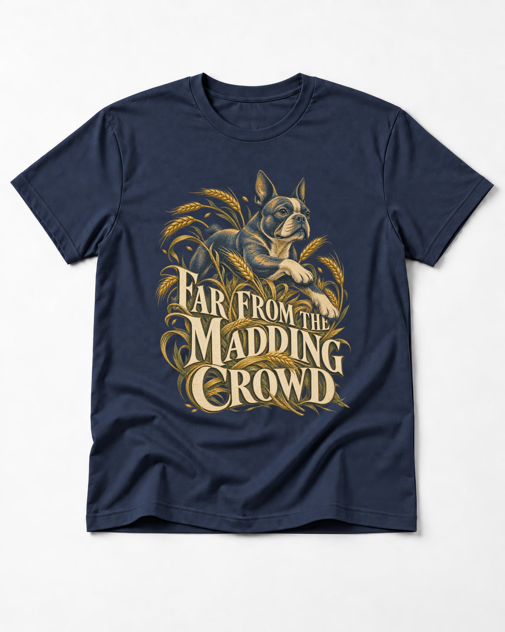 Far From the Madding Crowd Boston Terrier T-Shirt in Navy, flat lay product photo
