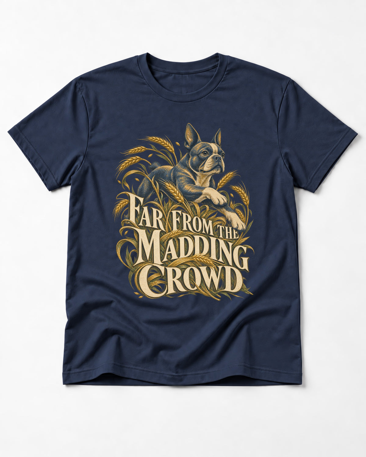 Far From the Madding Crowd Boston Terrier T-Shirt in Navy, flat lay product photo