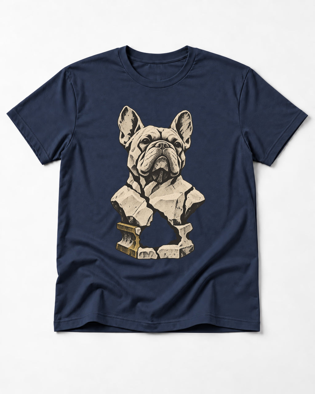 Frenchie Fractured Stone Bust Graphic T-Shirt in Navy, flat lay product photo