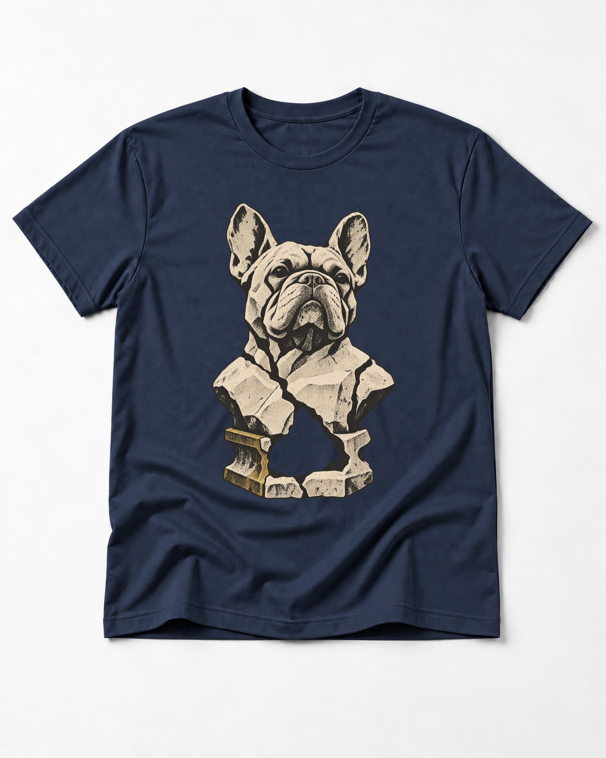 Frenchie Fractured Stone Bust Graphic T-Shirt in Navy, flat lay product photo