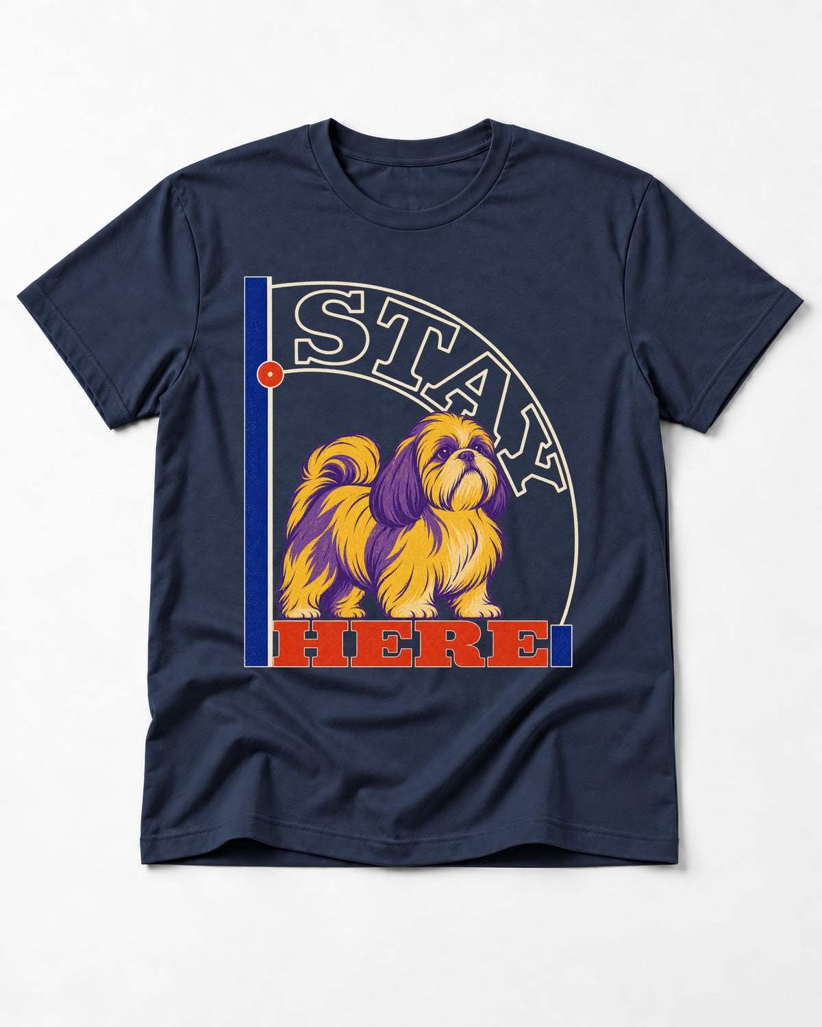 Shih Tzu Stay Here Semicircle Sign Graphic T-Shirt in Navy, flat lay product photo