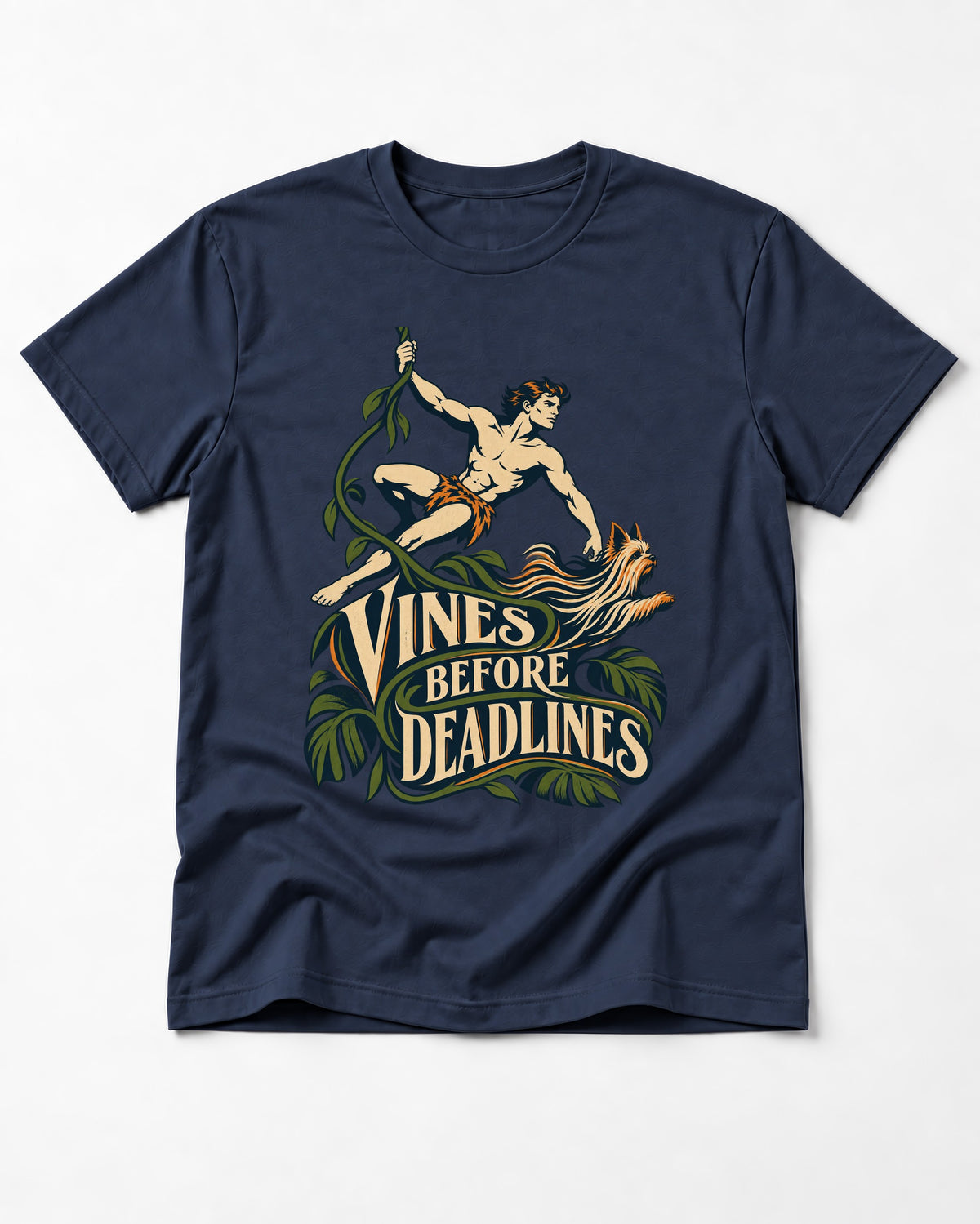Yorkshire Terrier Vines Before Deadlines Jungle Hero Graphic T-Shirt in Navy, flat lay product photo
