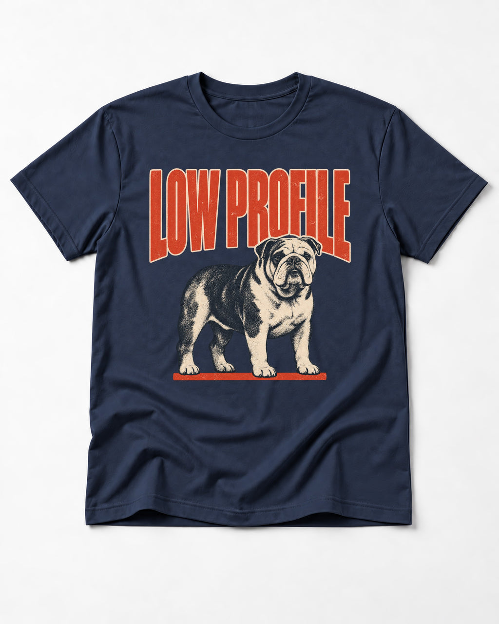 English Bulldog Low Profile Standing Graphic T-Shirt in Navy, flat lay product photo