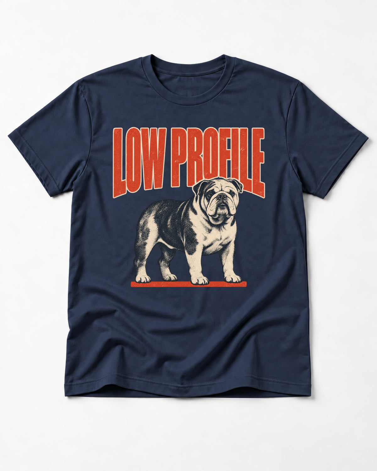 English Bulldog Low Profile Standing Graphic T-Shirt in Navy, flat lay product photo