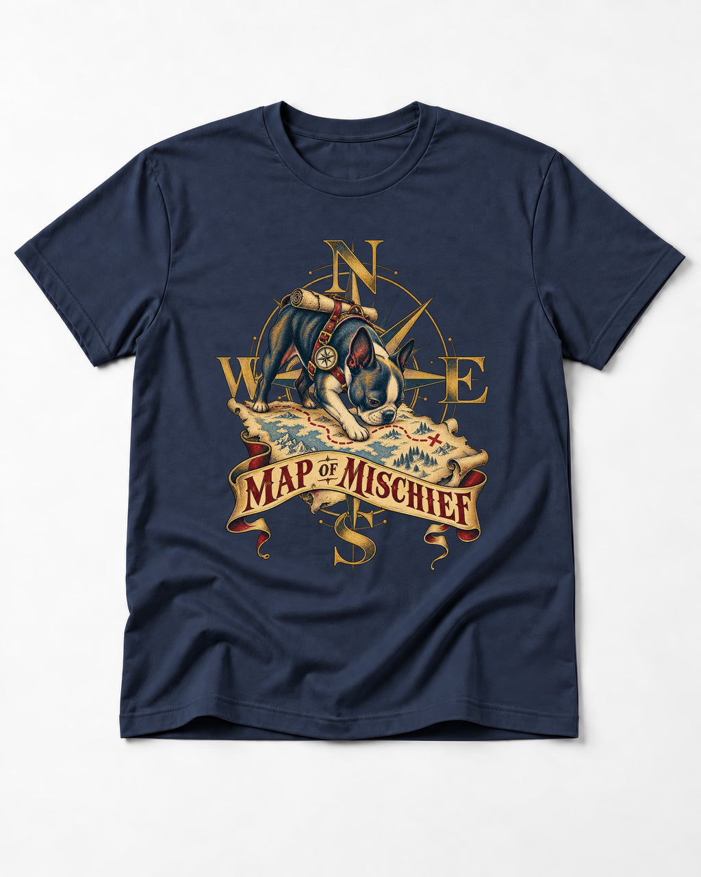 Map of Mischief Boston Terrier T-Shirt in Navy, flat lay product photo