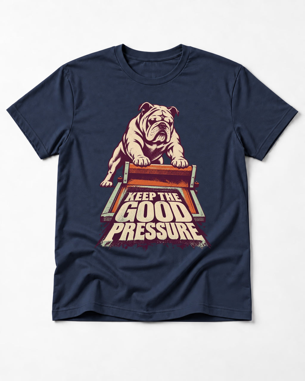 English Bulldog Keep the Good Pressure Printing Press Graphic T-Shirt in Navy, flat lay product photo