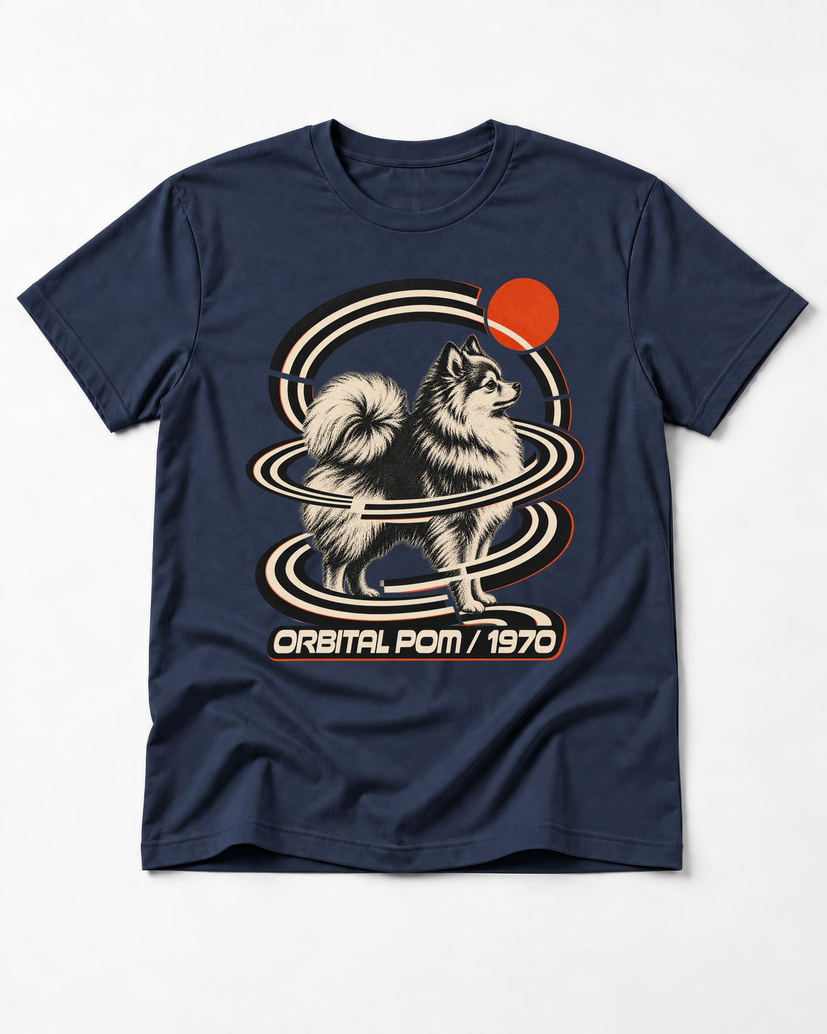 Pomeranian Orbital Pom 1970 Space Age Graphic T-Shirt in Navy, flat lay product photo