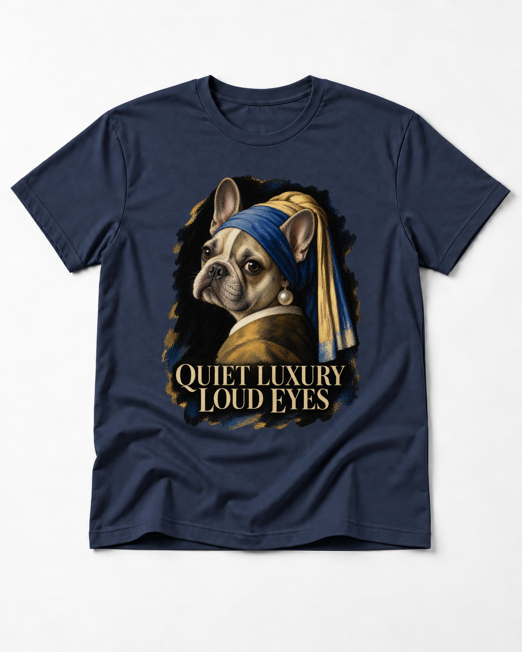 Frenchie Quiet Luxury Loud Eyes Pearl Portrait Graphic T-Shirt in Navy, flat lay product photo