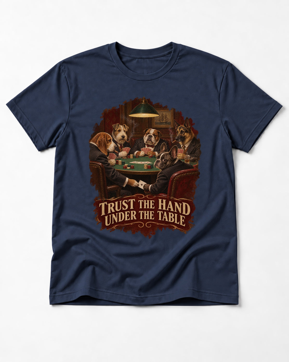 Frenchie Trust the Hand Under the Table Poker Dogs Graphic T-Shirt in Navy, flat lay product photo