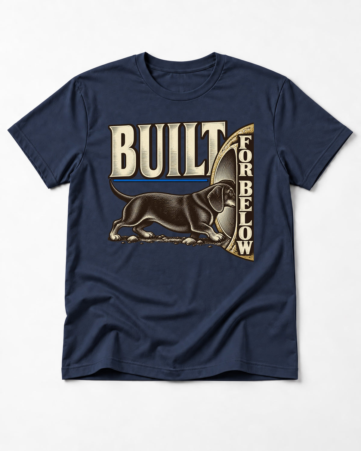 Dachshund Built for Below Vintage Burrow Graphic T-Shirt in Navy, flat lay product photo