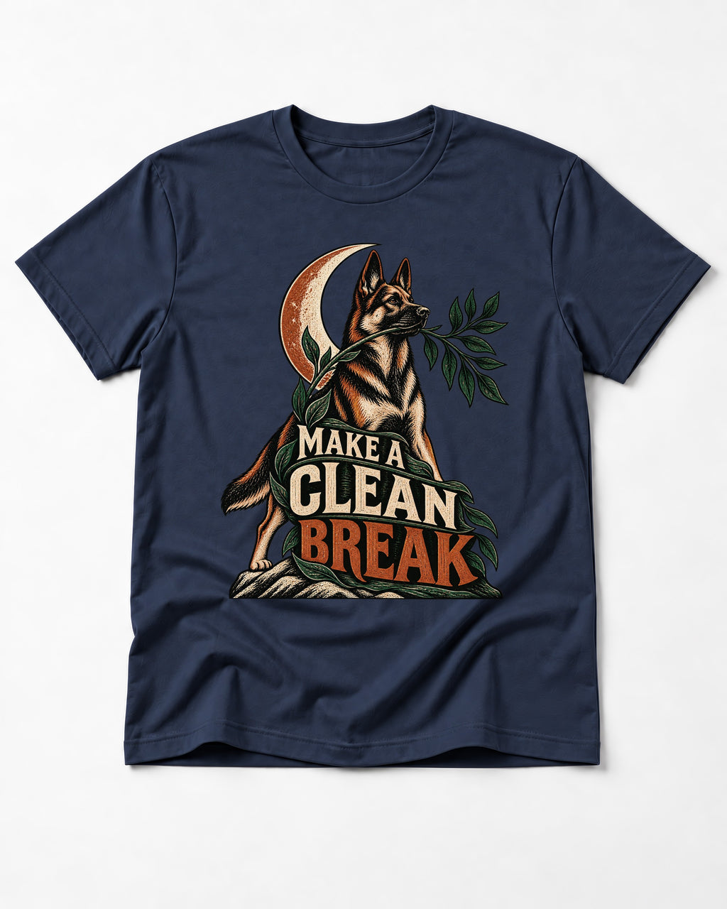 Make A Clean Break Crescent Botanical German Shepherd Dog Graphic T-Shirt in Navy, flat lay product photo