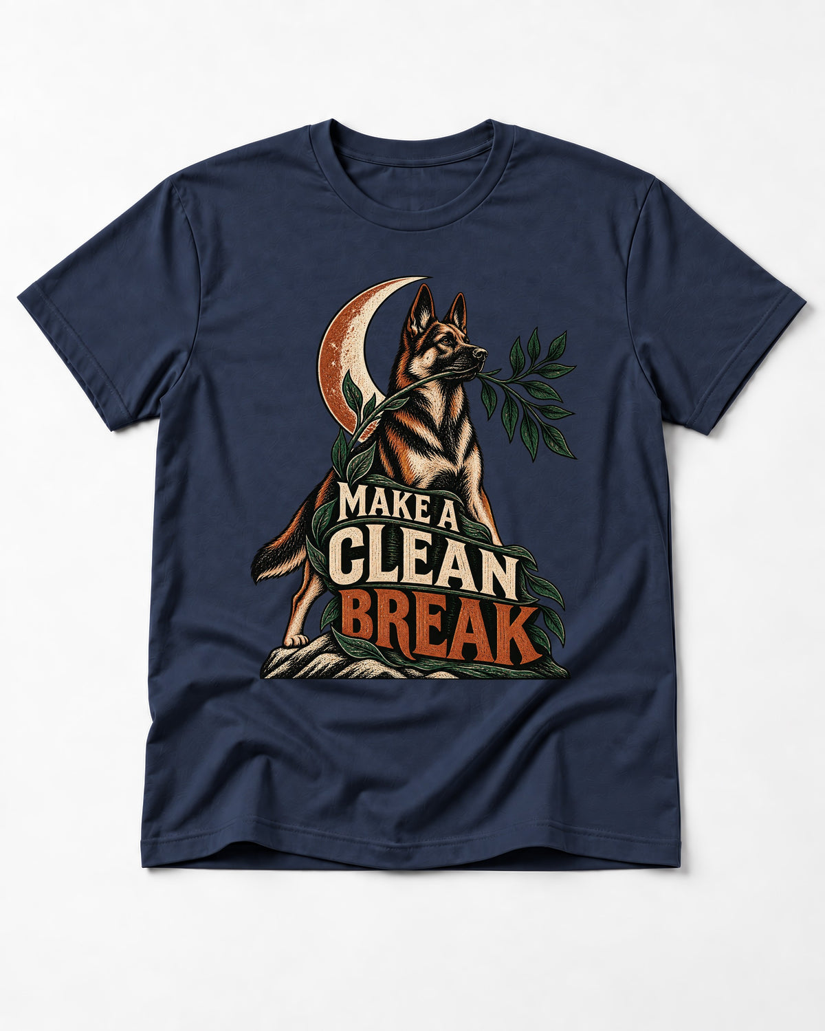 Make A Clean Break Crescent Botanical German Shepherd Dog Graphic T-Shirt in Navy, flat lay product photo