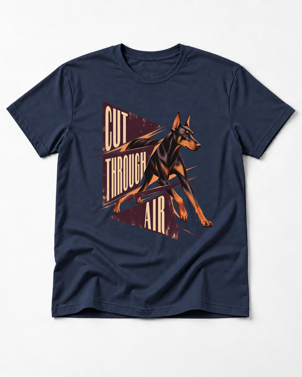 Doberman Cut Through Air Graphic T-Shirt in Navy, flat lay product photo